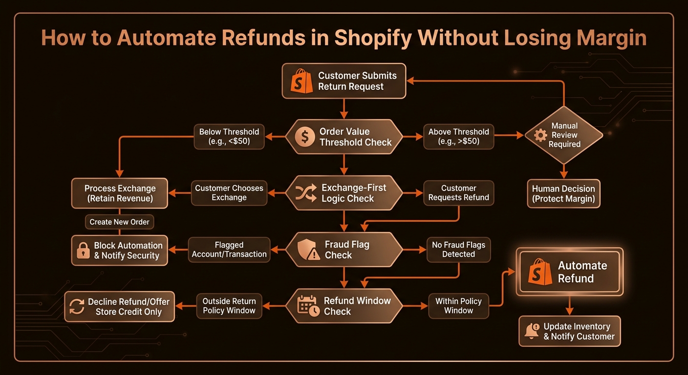 Shopify refund automation decision flowchart infographic showing exchange-first logic, guardrail checks for order value, fraud flag, refund window, and API execution paths in orange and copper on a dark background