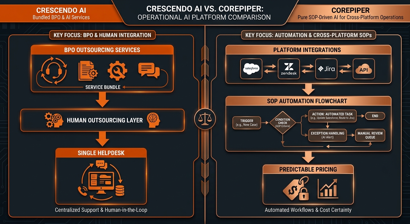 Crescendo AI vs CorePiper: BPO managed service bundle versus pure SOP-driven platform comparison infographic
