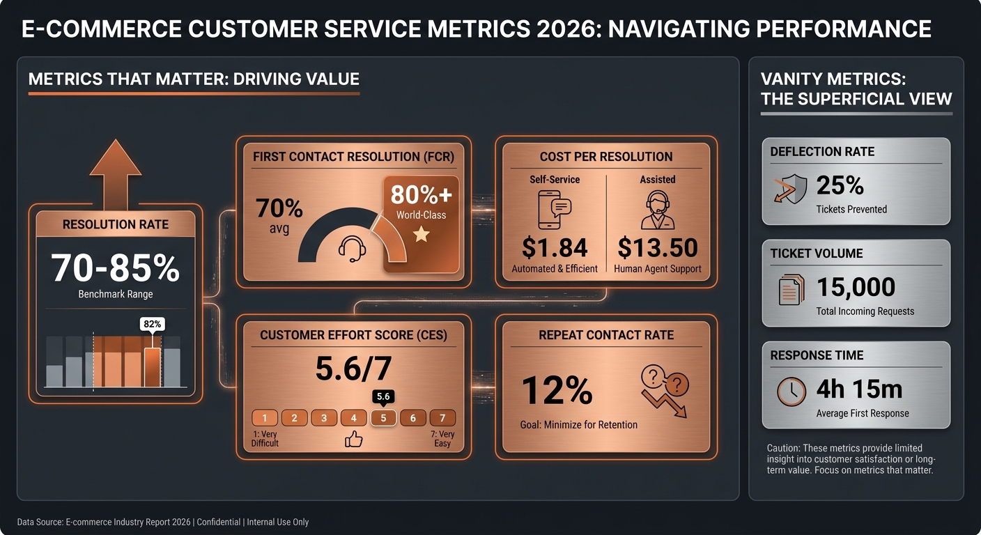 Infographic dashboard comparing customer service metrics for e-commerce in 2026, with orange-highlighted resolution rate, FCR, CSAT, CES, and cost-per-resolution cards on a dark background, and grayed-out vanity metrics including deflection rate and ticket volume