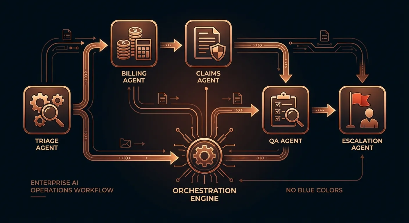 Multi-agent orchestration workflow showing specialized agents collaborating