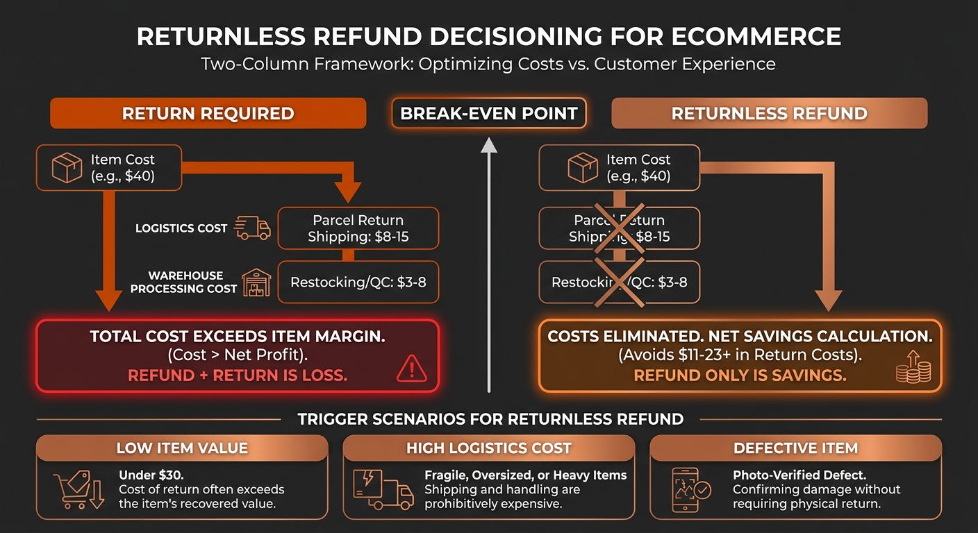 Returnless refund decisioning framework infographic: two-column cost comparison showing return-required path with reverse logistics costs versus returnless refund path with net savings, plus three eligibility triggers — low item value, high logistics cost, defective item — orange and copper palette on dark charcoal background