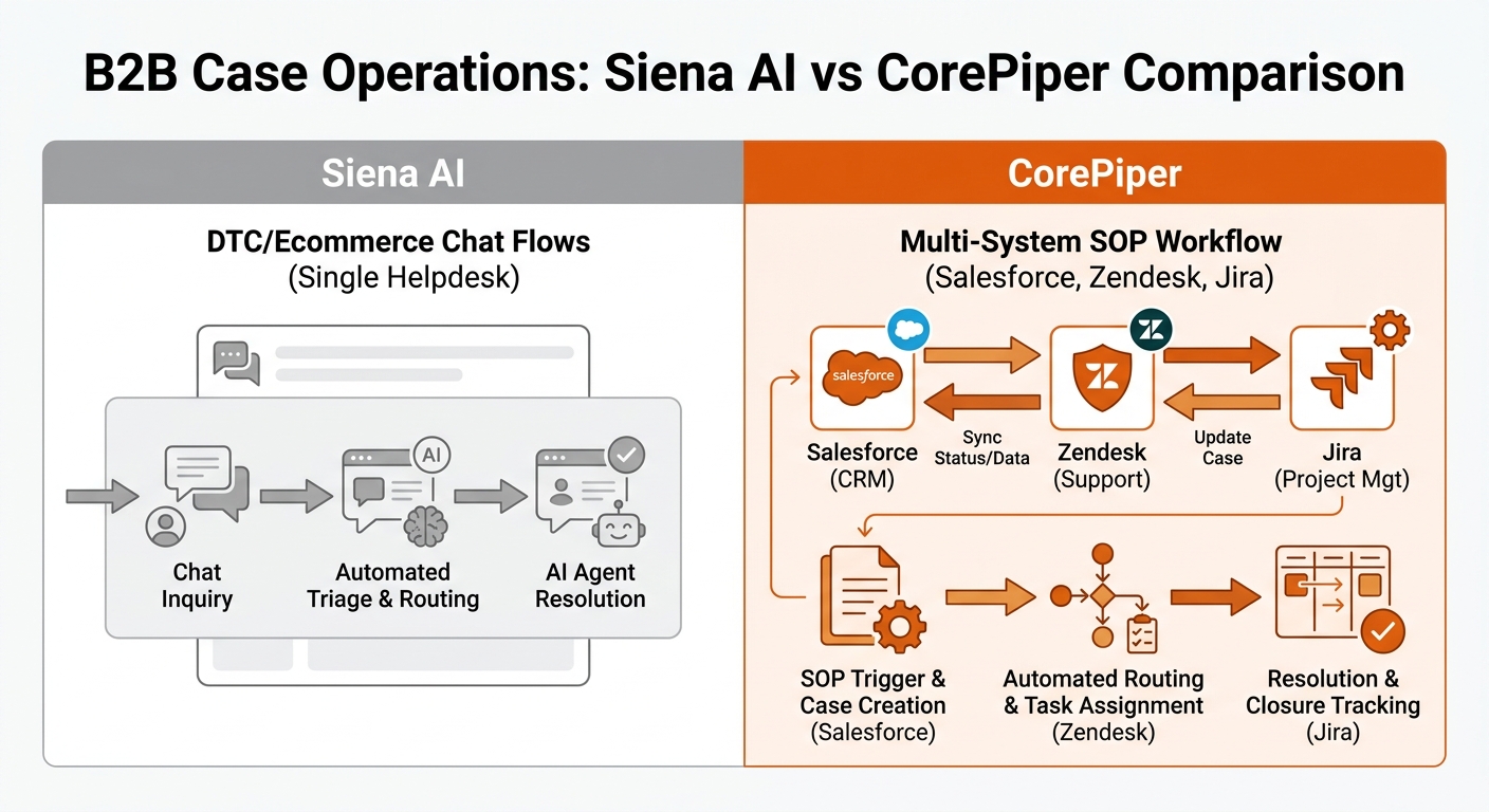 Siena AI vs CorePiper comparison: B2B case operations vs DTC empathic chat infographic